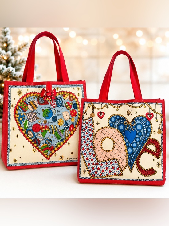 Brighton Handbags - Brighton Love Heart Holiday Tote Bag Canvas Reversible Shopper Red Handles